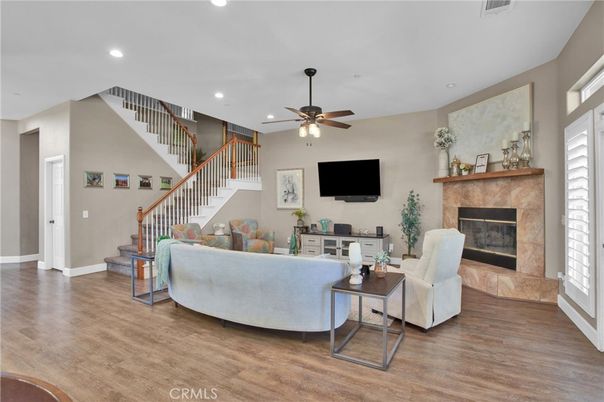 Fireplace, Interior, Living room, Recessed Lighting, Wood Texture Flooring