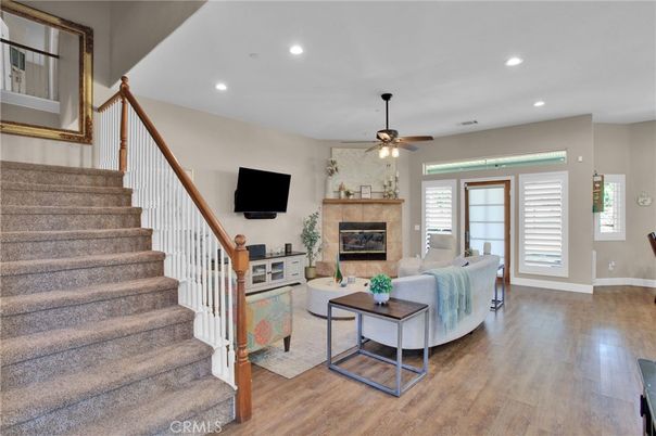 Fireplace, Interior, Living room, Recessed Lighting, Wood Texture Flooring