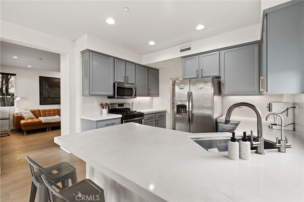 Interior, Kitchen, Recessed Lighting, Stainless Steel Appliances, Wood Texture Flooring
