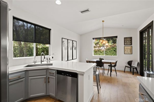 Dining room, Interior, Kitchen, Pendant Lights, Recessed Lighting, Wood Texture Flooring