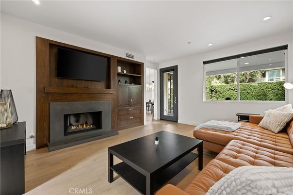 Fireplace, Interior, Living room, Recessed Lighting, Wood Texture Flooring