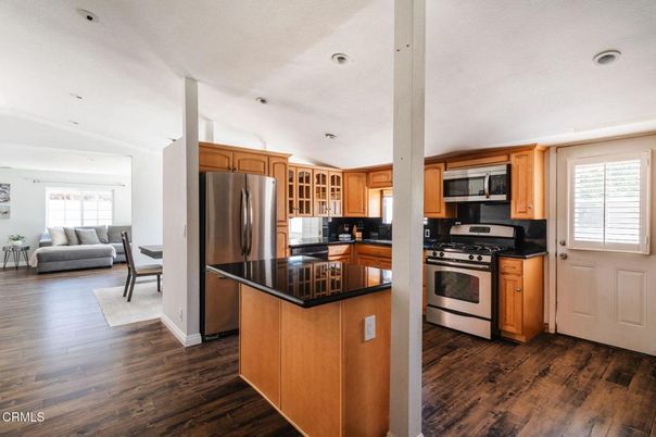 Interior, Kitchen, Living room, Recessed Lighting, Stainless Steel Appliances, Wood Texture Flooring