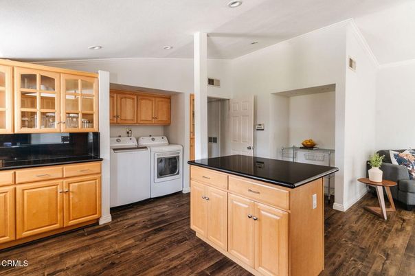 Interior, Kitchen, Recessed Lighting, Washer, Wood Texture Flooring