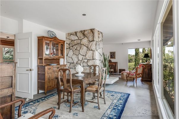 Dining room, Fireplace, Interior, Living room, Stone Walls