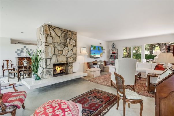 Dining room, Fireplace, Interior, Living room, Piano, Recessed Lighting, Stone Walls