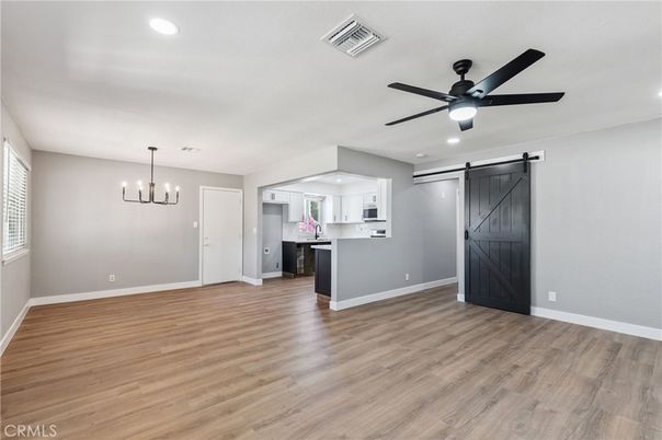 Chandelier, Empty room, Interior, Kitchen, Pendant Lights, Recessed Lighting, Wood Texture Flooring