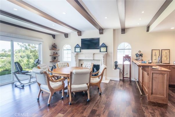 Dining room, Fireplace, Interior, Recessed Lighting, Wooden Beams, Wood Texture Flooring