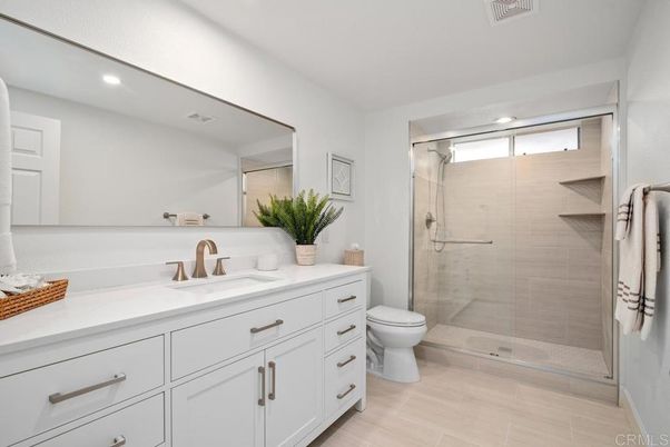 Bathroom, Glass Shower, Interior, Recessed Lighting, Wood Texture Flooring