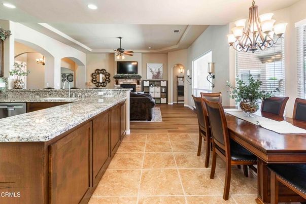 Chandelier, Dining room, Fireplace, Interior, Recessed Lighting, Wood Texture Flooring