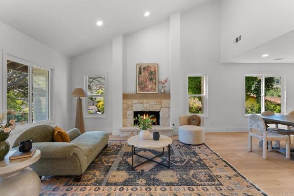 Dining room, Fireplace, Interior, Living room, Recessed Lighting, Wood Texture Flooring