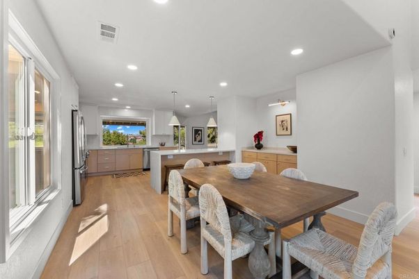 Dining room, Interior, Kitchen, Pendant Lights, Recessed Lighting, Wood Texture Flooring