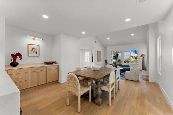 Dining room, Interior, Living room, Recessed Lighting, Wood Texture Flooring