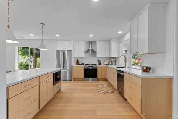 Interior, Kitchen, Pendant Lights, Recessed Lighting, Stainless Steel Appliances, Wood Texture Flooring