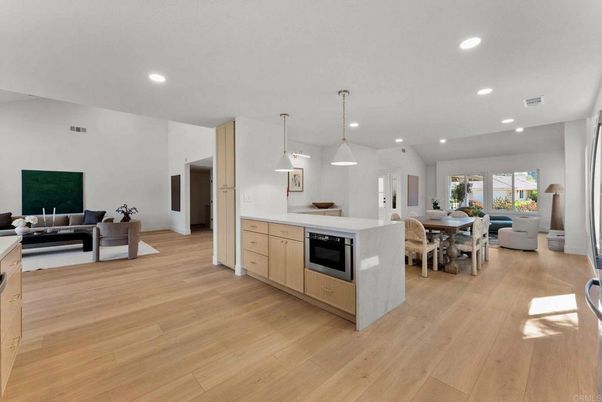 Dining room, Interior, Kitchen, Living room, Pendant Lights, Recessed Lighting, Stainless Steel Appliances, Wood Texture Flooring