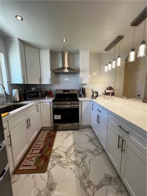 Interior, Kitchen, Marble, Pendant Lights, Recessed Lighting, Stainless Steel Appliances