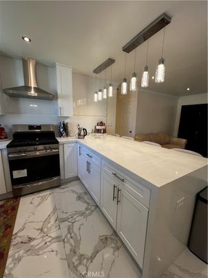 Interior, Kitchen, Marble, Pendant Lights, Recessed Lighting, Stainless Steel Appliances