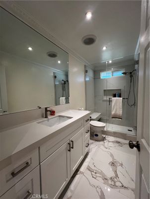 Bathroom, Dual Sink Vanities, Glass Shower, Interior, Marble, Recessed Lighting