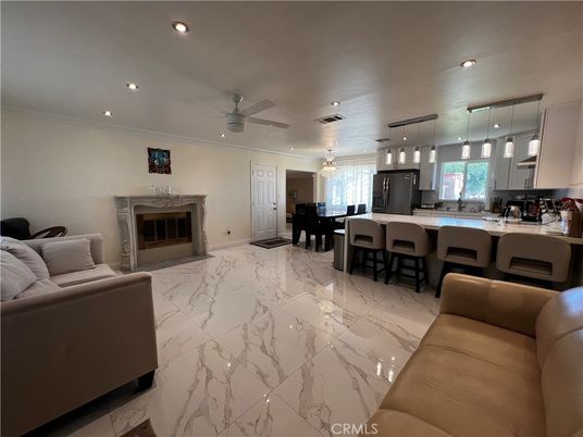 Dining room, Fireplace, Interior, Kitchen, Living room, Marble, Pendant Lights, Recessed Lighting