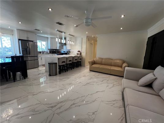 Interior, Kitchen, Living room, Marble, Pendant Lights, Recessed Lighting, Stainless Steel Appliances