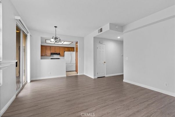 Chandelier, Empty room, Interior, Kitchen, Recessed Lighting, Wood Texture Flooring