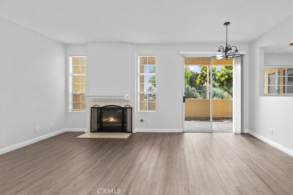 Empty room, Fireplace, Interior, Pendant Lights, Wood Texture Flooring