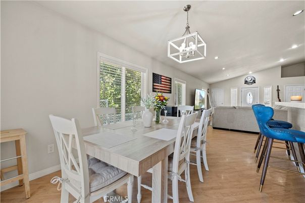 Dining room, Interior, Pendant Lights, Recessed Lighting, Wood Texture Flooring