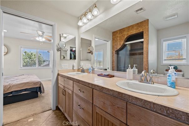 Bathroom, Dual Sink Vanities, Interior, Recessed Lighting, Tile Countertops