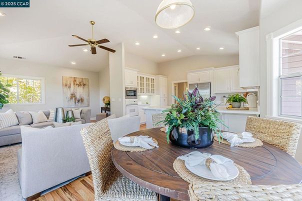 Dining room, Interior, Kitchen, Living room, Recessed Lighting, Wood Texture Flooring