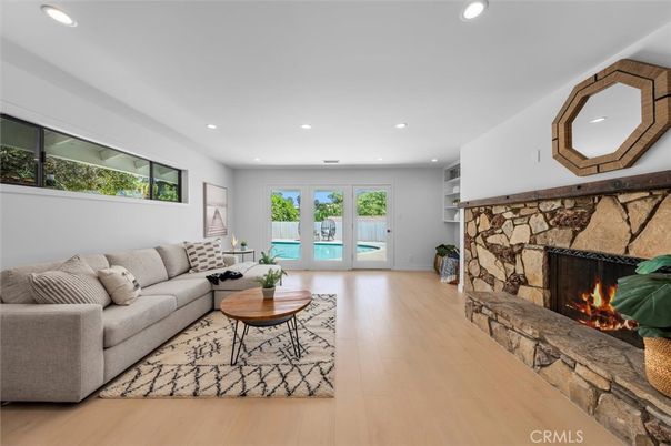 Fireplace, Interior, Living room, Recessed Lighting, Wood Texture Flooring
