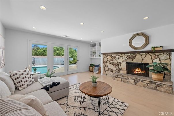 Fireplace, Interior, Living room, Recessed Lighting, Wood Texture Flooring