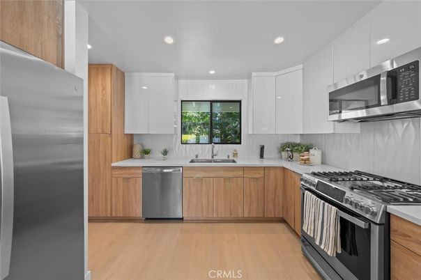 Interior, Kitchen, Recessed Lighting, Stainless Steel Appliances, Wood Texture Flooring