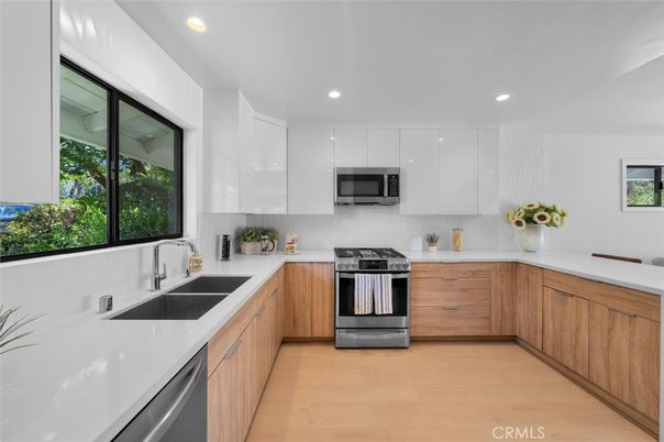 Interior, Kitchen, Recessed Lighting, Stainless Steel Appliances, Wood Texture Flooring