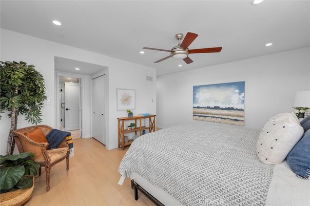 Bedroom, Interior, Recessed Lighting, Wood Texture Flooring