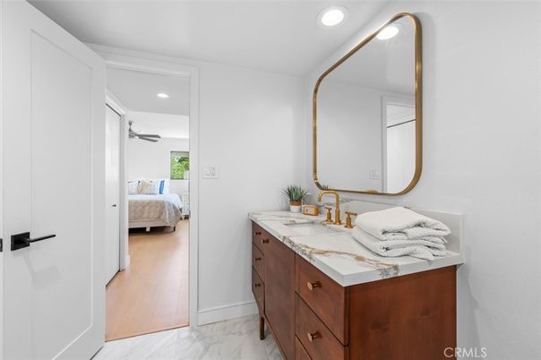 Bathroom, Bedroom, Interior, Marble, Recessed Lighting, Wood Texture Flooring