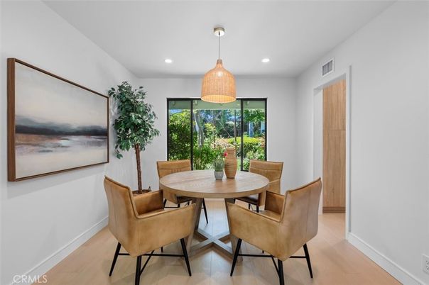 Dining room, Interior, Pendant Lights, Recessed Lighting, Wood Texture Flooring