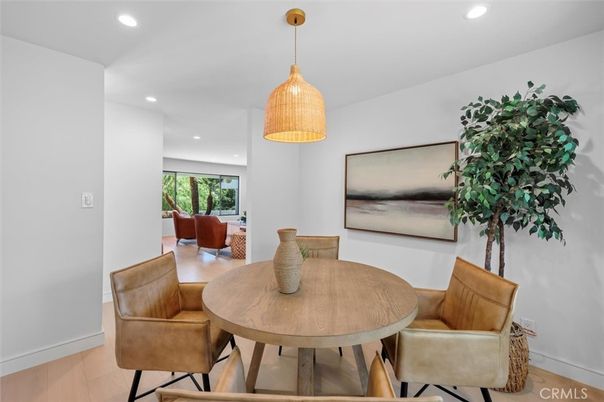Dining room, Interior, Pendant Lights, Recessed Lighting, Wood Texture Flooring