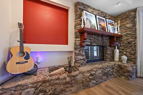 Fireplace, Interior, Recessed Lighting, Stone Walls, Wood Texture Flooring