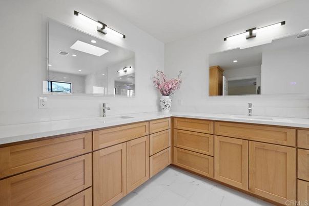 Bathroom, Dual Sink Vanities, Interior, Marble, Recessed Lighting