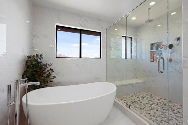 Bathroom, Free Standing Baths, Glass Shower, Interior, Marble Walls, Recessed Lighting