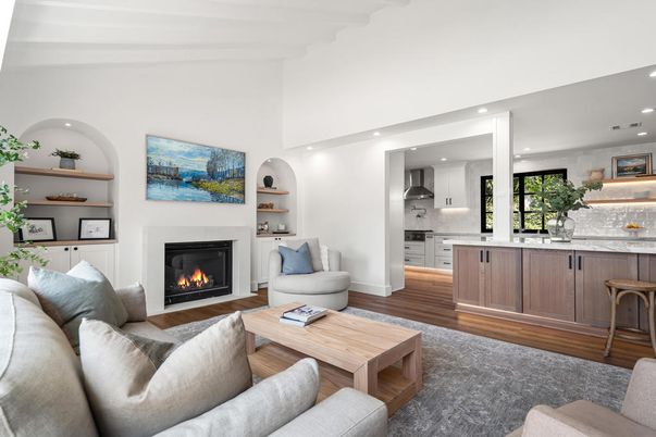 Fireplace, Interior, Kitchen, Living room, Recessed Lighting, Wood Texture Flooring
