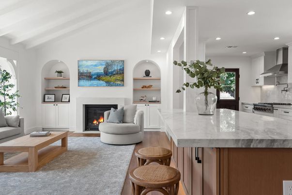 Fireplace, Interior, Kitchen, Living room, Recessed Lighting, Wood Texture Flooring