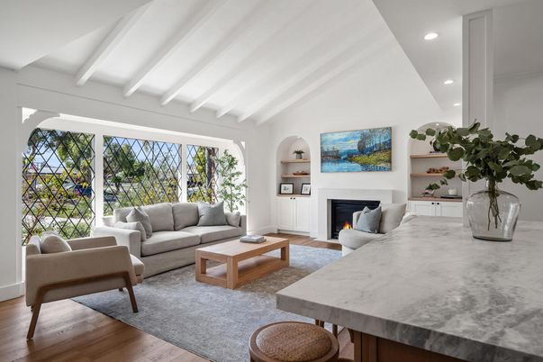 Fireplace, Interior, Living room, Recessed Lighting, Wood Texture Flooring