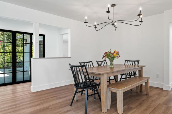 Chandelier, Dining room, Interior, Wood Texture Flooring