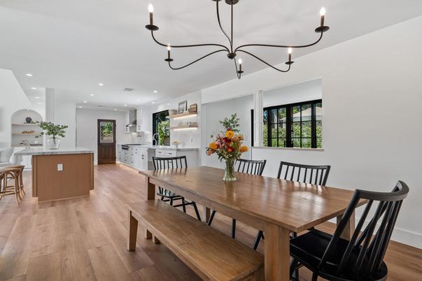 Dining room, Interior, Kitchen, Pendant Lights, Recessed Lighting, Wood Texture Flooring