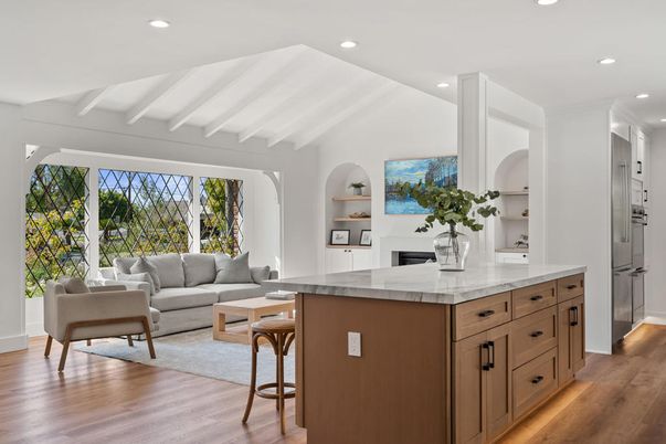 Fireplace, Interior, Kitchen, Living room, Recessed Lighting, Wood Texture Flooring