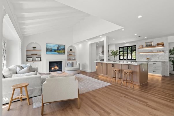 Fireplace, Interior, Living room, Recessed Lighting, Wood Texture Flooring