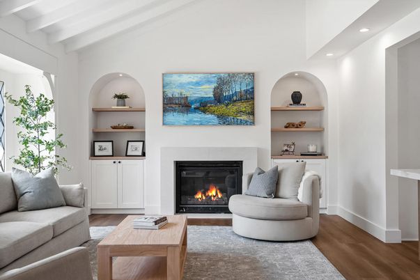 Fireplace, Interior, Living room, Recessed Lighting, Wood Texture Flooring