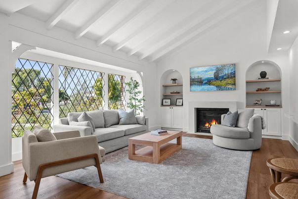 Fireplace, Interior, Living room, Recessed Lighting, Wood Texture Flooring