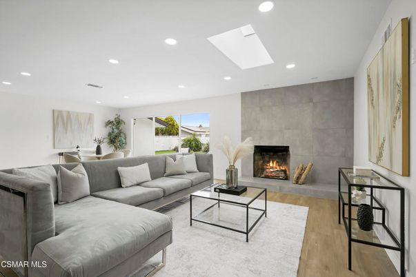 Fireplace, Interior, Living room, Recessed Lighting, Wood Texture Flooring