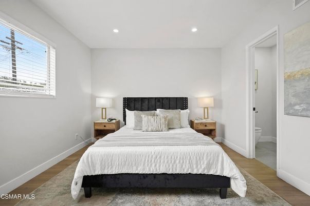 Bedroom, Interior, Recessed Lighting, Wood Texture Flooring
